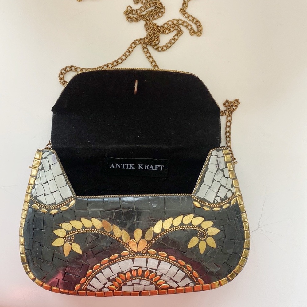 Antik Kraft Mosaic Inlay Hard Shell Metal Crossbody Clutch Purse Boho - Picture 6 of 10